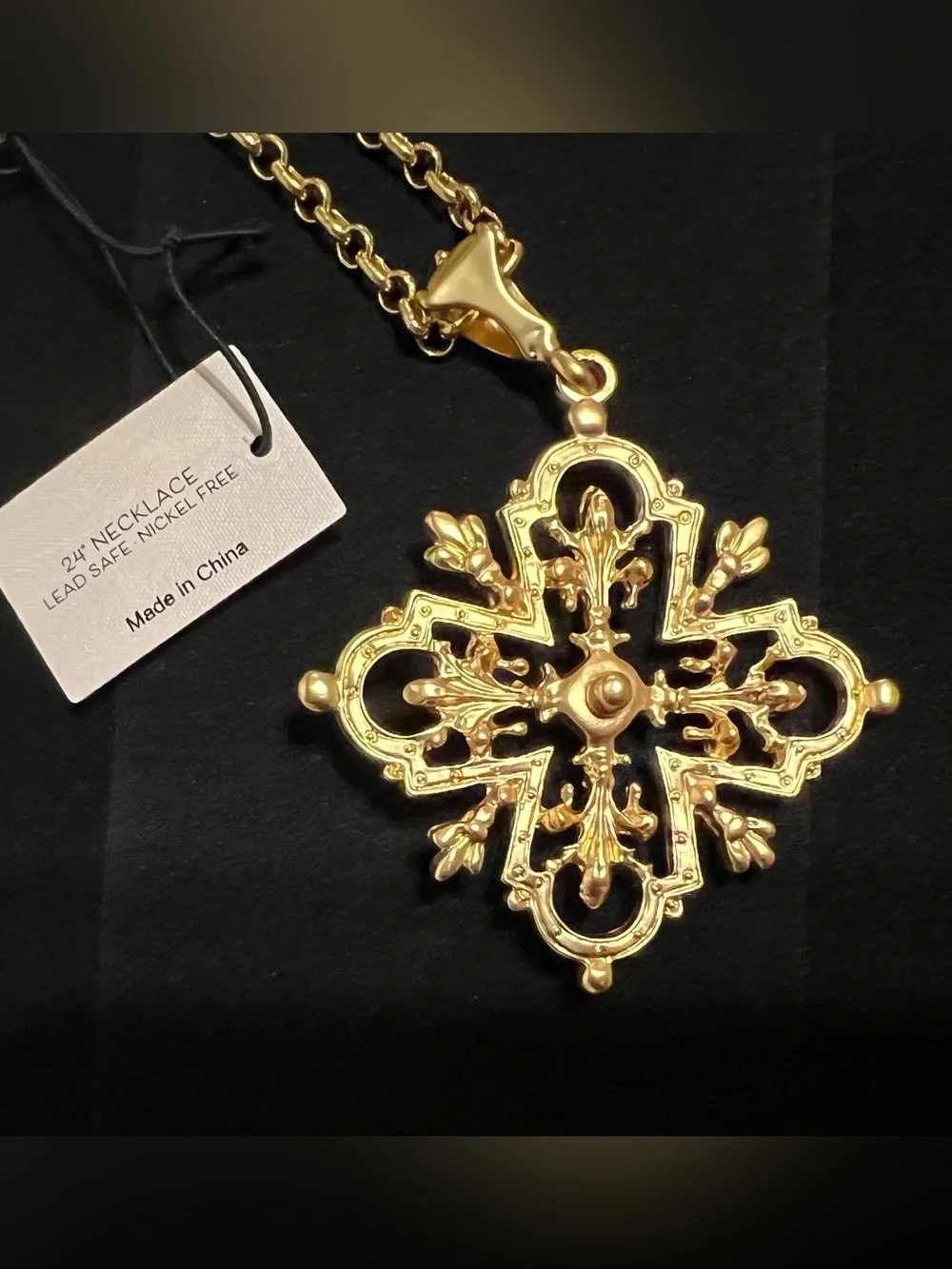 Piper K Gold Baroque Cross Statement Pendant Necklace 24” NWT